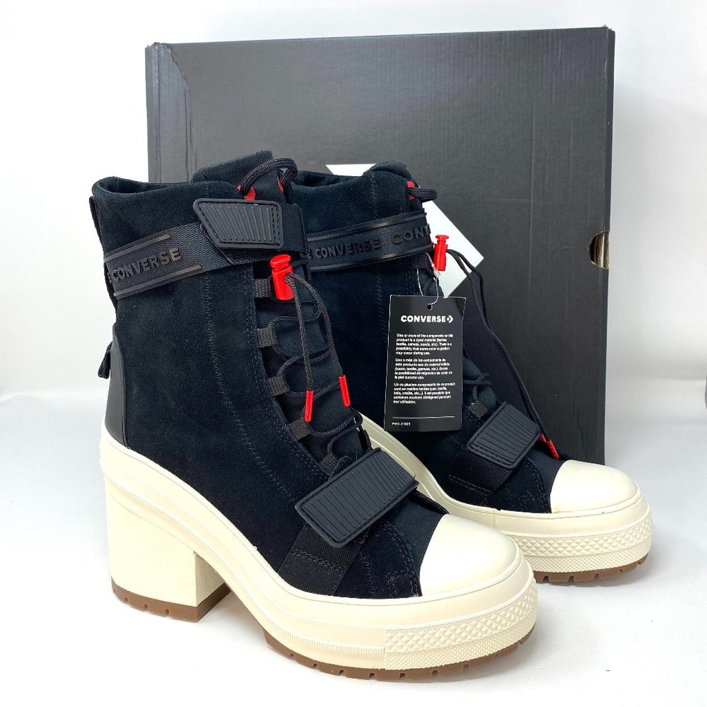Converse Black Suede High-Top Platform Sneakers with Cream Soles and Red Accents
